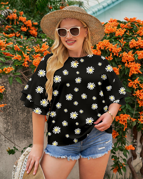 Daisy Floral Black Trumpet Sleeves Keyhole-Back Daisy Printed Blouse