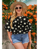 Daisy Floral Black Trumpet Sleeves Keyhole-Back Daisy Printed Blouse