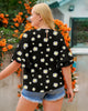 Daisy Floral Black Trumpet Sleeves Keyhole-Back Daisy Printed Blouse