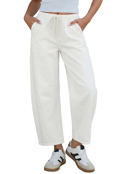 LookbookStore Women's Cream White Trendy Barrel Jeans High Waisted Cropped Baggy Wide Leg Elastic Waist Pull On Stretchy Denim Pants