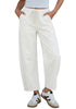 LookbookStore Women's Cream White Trendy Barrel Jeans High Waisted Cropped Baggy Wide Leg Elastic Waist Pull On Stretchy Denim Pants