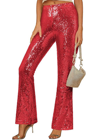 Women's High Shine Wide Leg Trousers Glitter Sequin Evening Pants Clubwear High Waist Glam