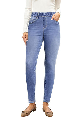 Medium Blue High Waist Skinny Jeans with Elastic Waistband for Women Stretch Denim Functional Pockets Comfort Fit Jeggings