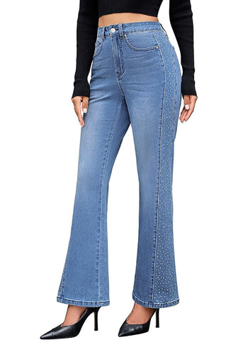Medium Blue Women's High Waisted Flared Jeans Rhinestone Side Stripes Comfort Stretch Functional Pockets