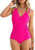 Women One Piece Swimsuit V Neck Wrap Design Side Drawstring Ruched Sleeveless Tank Swimwear