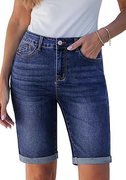 LookbookStore Darkness Blue Women's Viral Y2K Aesthetic High Waist Stretchy Bermuda Denim Shorts with Rolled Cuffs