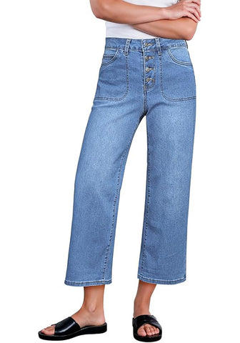 Women's High Waisted Multi Button Wide Leg Denim Jeans Casual Relaxed Daily Wear Functional Pockets