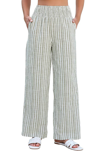 Women’s Striped Wide Leg Pants Causal Elastic High Waist Full Length Trousers with Pockets