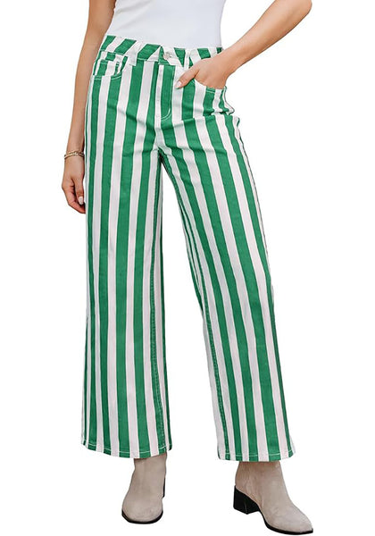 Women's Fashion High Waist Wide Leg Loose Fit Green White Striped Denim Jeans