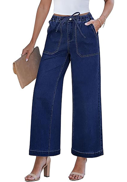 Darkness Blue Cropped Wide Leg High Waisted Drawstring Denim Jeans For Women