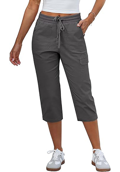Women's Stretchy High Elastic Waist Wearable Tapered Short Cargo Capri Pants