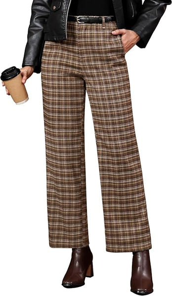 Brown & Yellow Plaid Palazzo Pants Women High Waist Wide Leg Trousers with Pockets Comfort Fall Winter Vintage Office