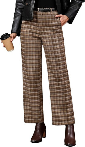Brown & Yellow Plaid Palazzo Pants Women High Waist Wide Leg Trousers with Pockets Comfort Fall Winter Vintage Office