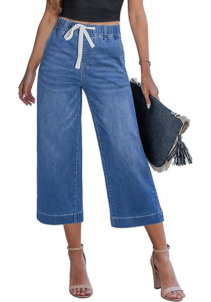 Casual Capri Jeans for Women Wide Leg Elastic Drawstring Waist Cropped Denim Trousers