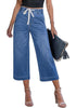 Casual Capri Jeans for Women Wide Leg Elastic Drawstring Waist Cropped Denim Trousers