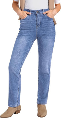 Medium Blue High Waist Denim Pants Straight Leg Comfort Stretch Jeans Full Length Jeans with Pockets Casual