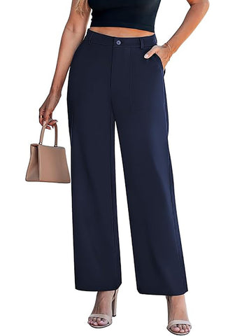 Women's High Waisted Wide Leg Soft Twill Pants Relaxed Fit Patch Pocket Trousers