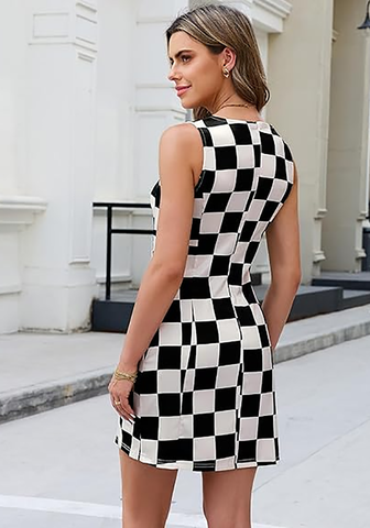 LookbookStore Women's Black & Beige Checkered 2026 Summer Satin Mini Dress Casual Sleeveless Tank Dress Zip Closure Printed Cocktail Dress with Functional Pockets
