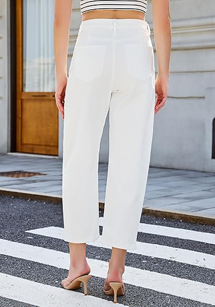LookbookStore Cream White Barrel Jeans for Women Chic Retro High Waist Loose Cropped Denim Pants with Utility Patch Pockets