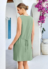 LookbookStore Women's  Sage Green Knee Length Linen Dress – Sleeveless V Neck Button Down, Self Tie Waist & Side Pockets