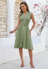 LookbookStore Women's Army Green Summer Beach Vacation Linen Dress Casual Flowy V Neck Sleeveless Smocked Zip Midi Dress with Pockets
