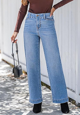 Medium Blue Women's High Waisted Wide Leg Jeans with Comfort Stretch and Functional Pockets