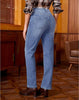Medium Blue High Waist Denim Pants Straight Leg Comfort Stretch Jeans Full Length Jeans with Pockets Casual