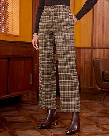 Brown & Yellow Plaid Palazzo Pants Women High Waist Wide Leg Trousers with Pockets Comfort Fall Winter Vintage Office