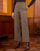 Brown & Yellow Plaid Palazzo Pants Women High Waist Wide Leg Trousers with Pockets Comfort Fall Winter Vintage Office