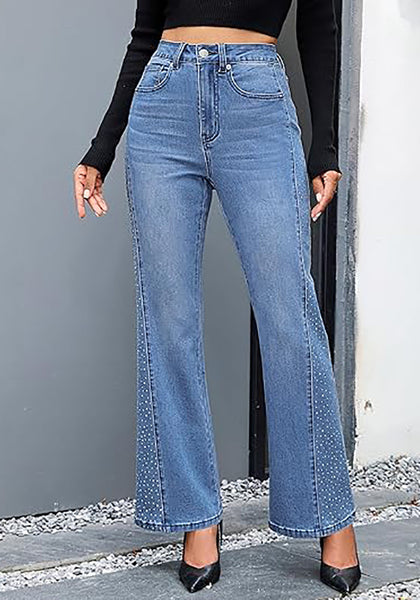 Medium Blue Women's High Waisted Flared Jeans Rhinestone Side Stripes Comfort Stretch Functional Pockets