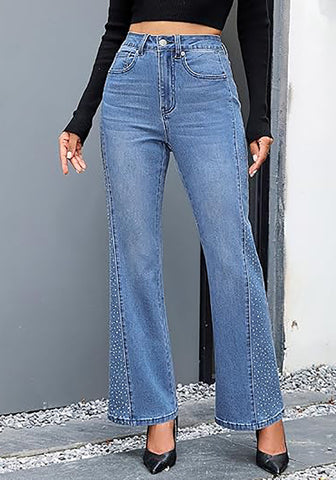 Medium Blue Women's High Waisted Flared Jeans Rhinestone Side Stripes Comfort Stretch Functional Pockets