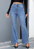 Medium Blue Women's High Waisted Flared Jeans Rhinestone Side Stripes Comfort Stretch Functional Pockets