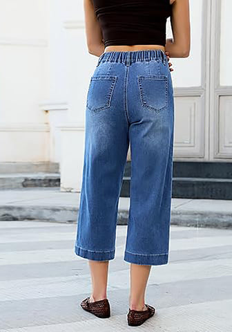 Casual Capri Jeans for Women Wide Leg Elastic Drawstring Waist Cropped Denim Trousers