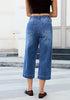 Casual Capri Jeans for Women Wide Leg Elastic Drawstring Waist Cropped Denim Trousers