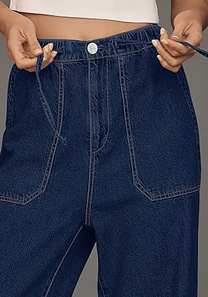 Darkness Blue Cropped Wide Leg High Waisted Drawstring Denim Jeans For Women
