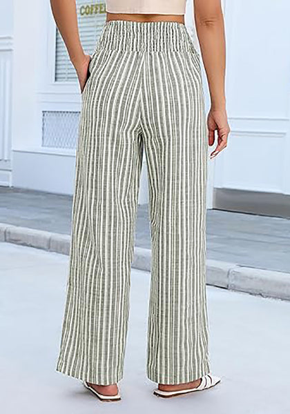 Women’s Striped Wide Leg Pants Causal Elastic High Waist Full Length Trousers with Pockets