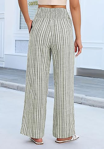 Women’s Striped Wide Leg Pants Causal Elastic High Waist Full Length Trousers with Pockets