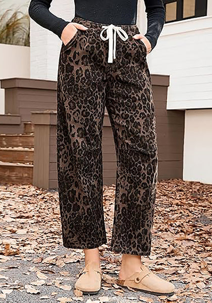 Women's Leopard Print Wide Leg Pants with Drawstring Elastic Waist Casual Loose Trousers for Summer Lounge & Vacation