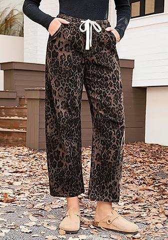 Women's Leopard Print Wide Leg Pants with Drawstring Elastic Waist Casual Loose Trousers for Summer Lounge & Vacation