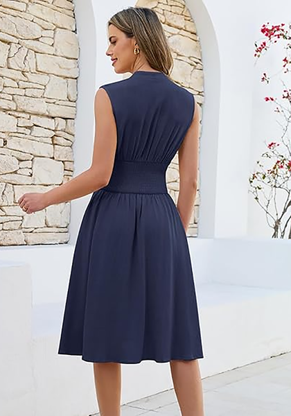 LookbookStore Women's Navy Blue Summer Beach Vacation Linen Dress Casual Flowy V Neck Sleeveless Smocked Zip Midi Dress with Pockets