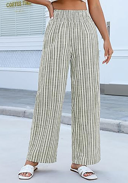 Women’s Striped Wide Leg Pants Causal Elastic High Waist Full Length Trousers with Pockets