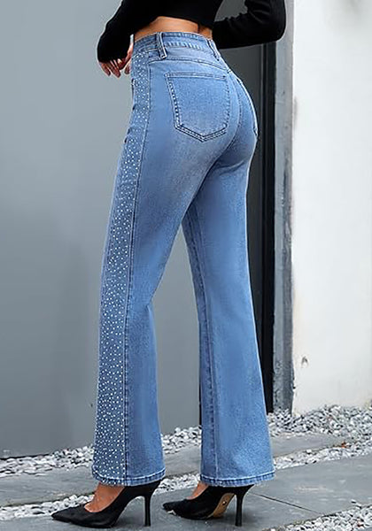 Medium Blue Women's High Waisted Flared Jeans Rhinestone Side Stripes Comfort Stretch Functional Pockets