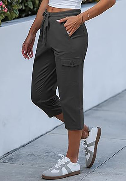 Women's Stretchy High Elastic Waist Wearable Tapered Short Cargo Capri Pants