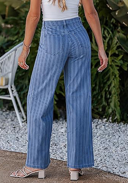 High Waisted Striped Wide Leg Jeans for Women Vintage Denim Loose Fit Casual Pants