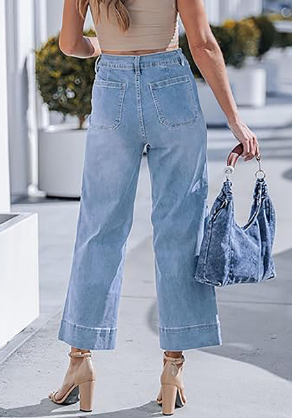 Women's High Waisted Wide Leg Cropped Denim Pants Rolled Cuff Casual Daily Wear Versatile Styling