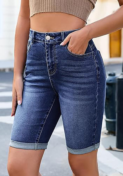 LookbookStore Darkness Blue Women's Viral Y2K Aesthetic High Waist Stretchy Bermuda Denim Shorts with Rolled Cuffs