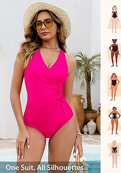 Women One Piece Swimsuit V Neck Wrap Design Side Drawstring Ruched Sleeveless Tank Swimwear