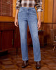 Medium Blue High Waist Denim Pants Straight Leg Comfort Stretch Jeans Full Length Jeans with Pockets Casual