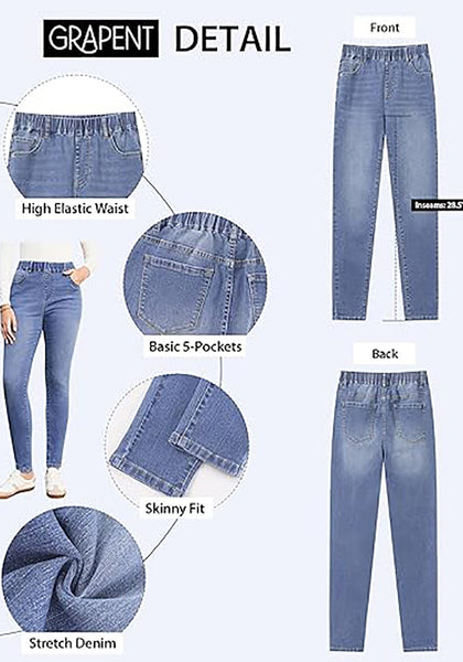 Medium Blue High Waist Skinny Jeans with Elastic Waistband for Women Stretch Denim Functional Pockets Comfort Fit Jeggings