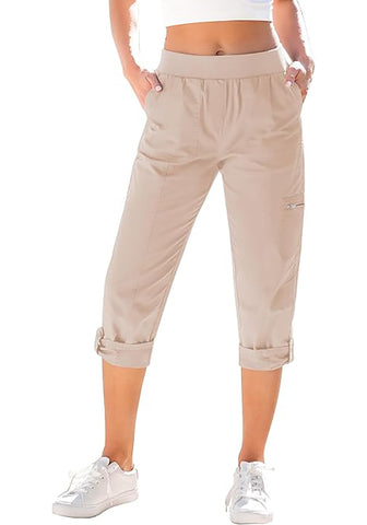 Pioneer Beige Women Waist High Waist Slight Stretch Capri Elastic Wais
